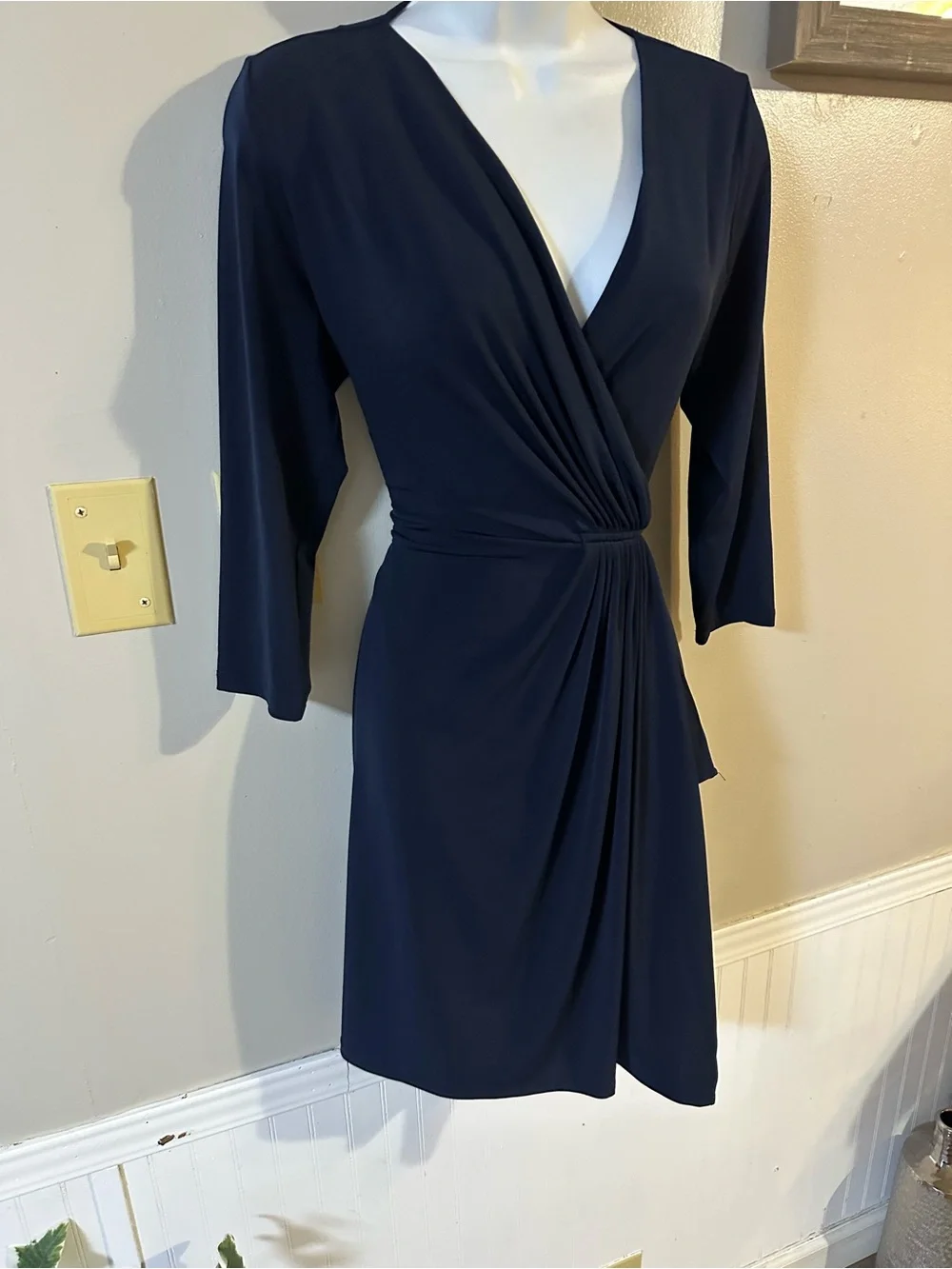 Michael Kors Navy Faux-Wrap Long Sleeve Dress